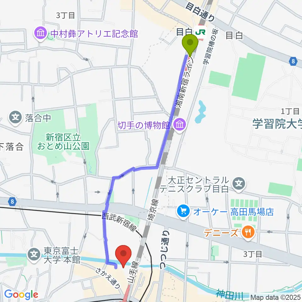 目白駅からペペタスギター教室 高田馬場教室へのルートマップ地図