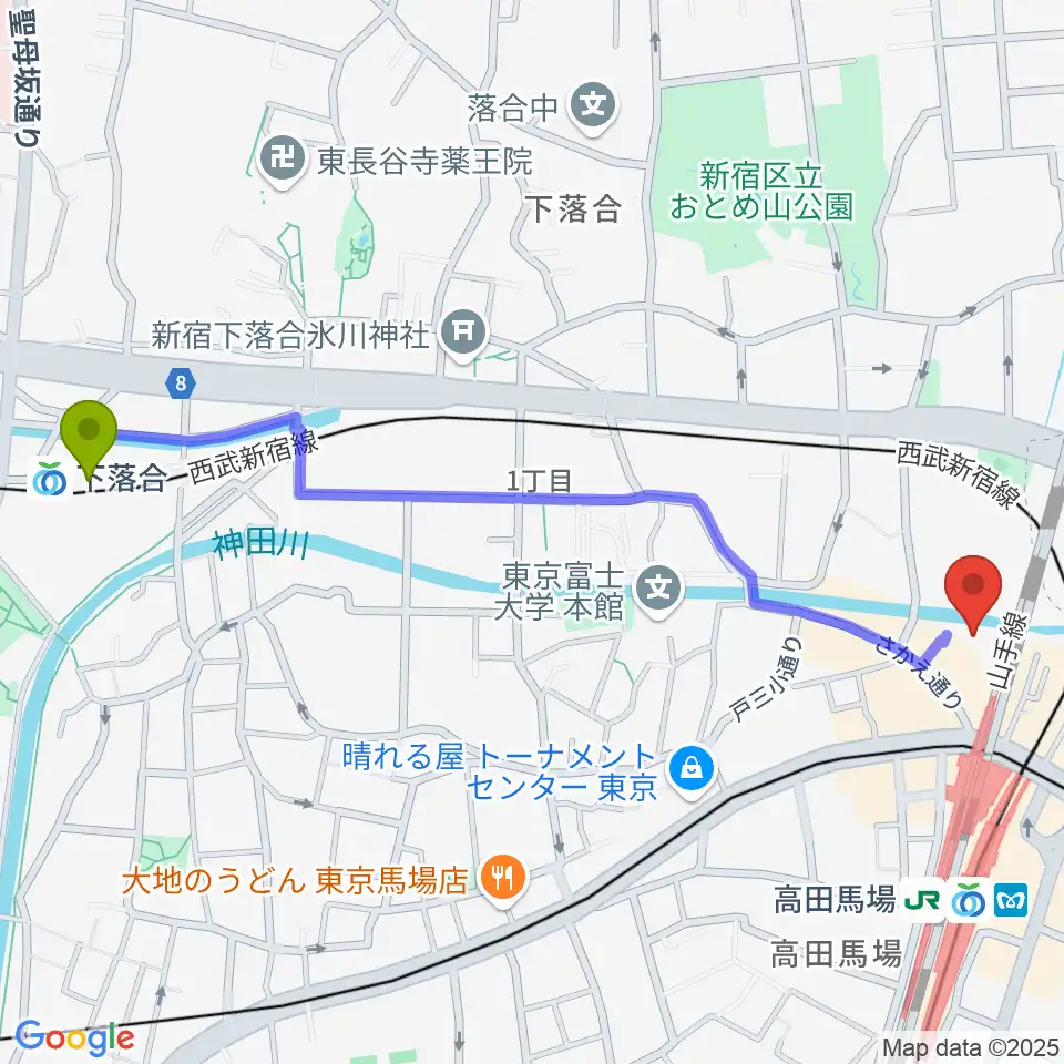 下落合駅からペペタスギター教室 高田馬場教室へのルートマップ地図