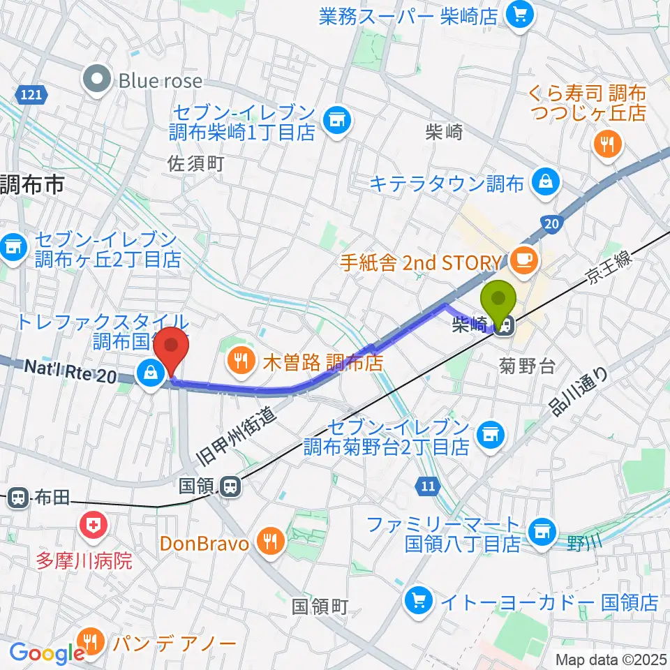 柴崎駅からソードミュージック多目的スタジオへのルートマップ地図