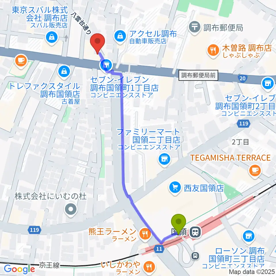 ソードミュージック多目的スタジオの最寄駅国領駅からの徒歩ルート（約6分）地図