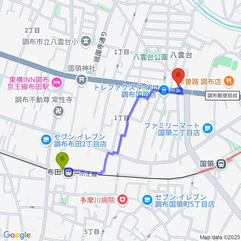 布田駅からソードミュージック多目的スタジオへのルートマップ地図