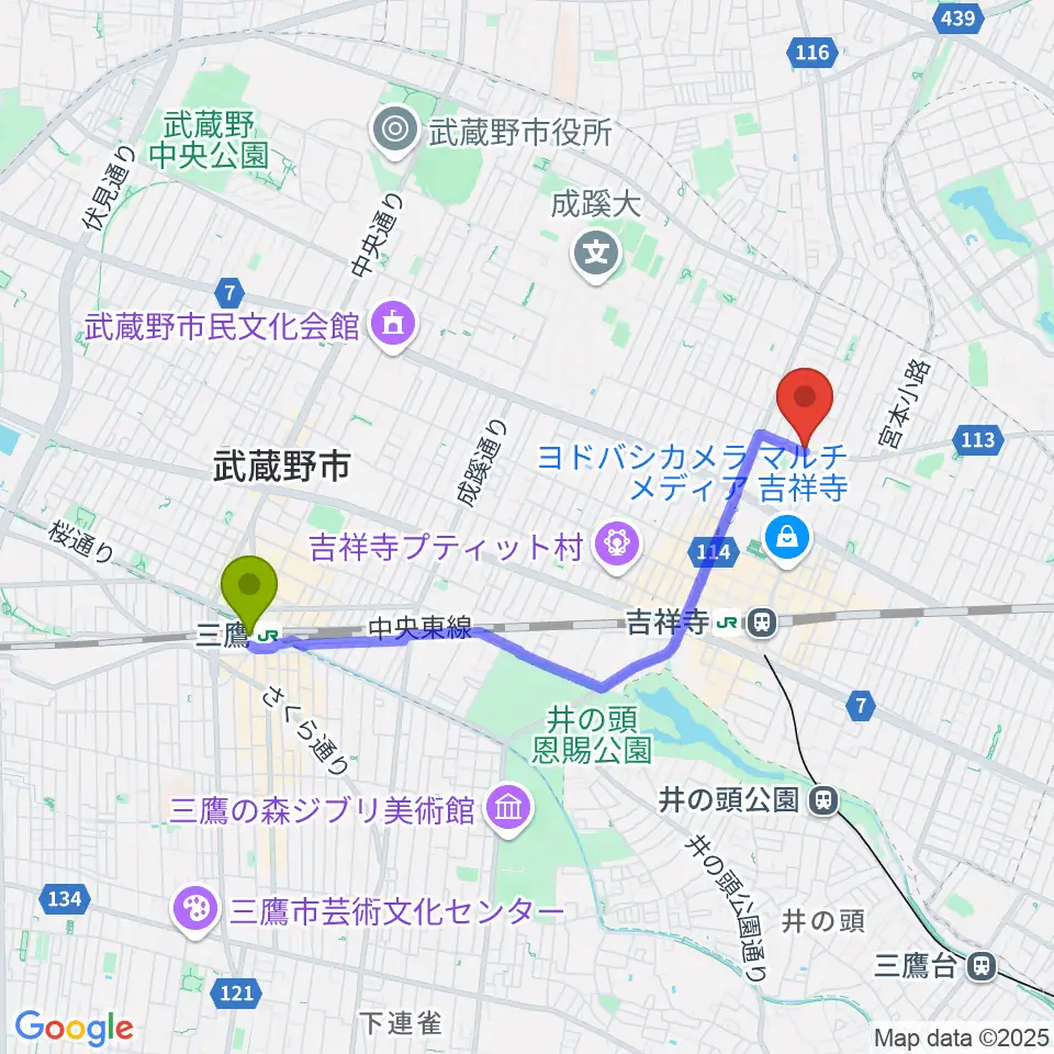 三鷹駅からスズキ・メソード吉祥寺センターへのルートマップ地図