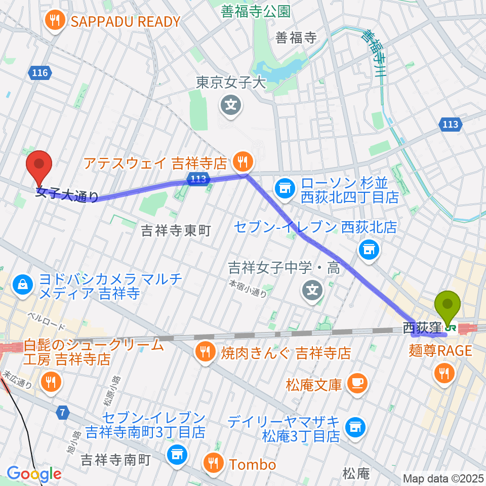 西荻窪駅からスズキ・メソード吉祥寺センターへのルートマップ地図