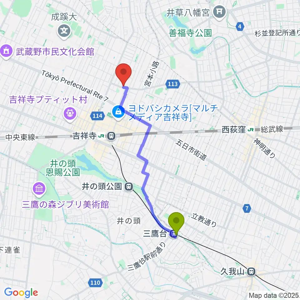 三鷹台駅からスズキ・メソード吉祥寺センターへのルートマップ地図