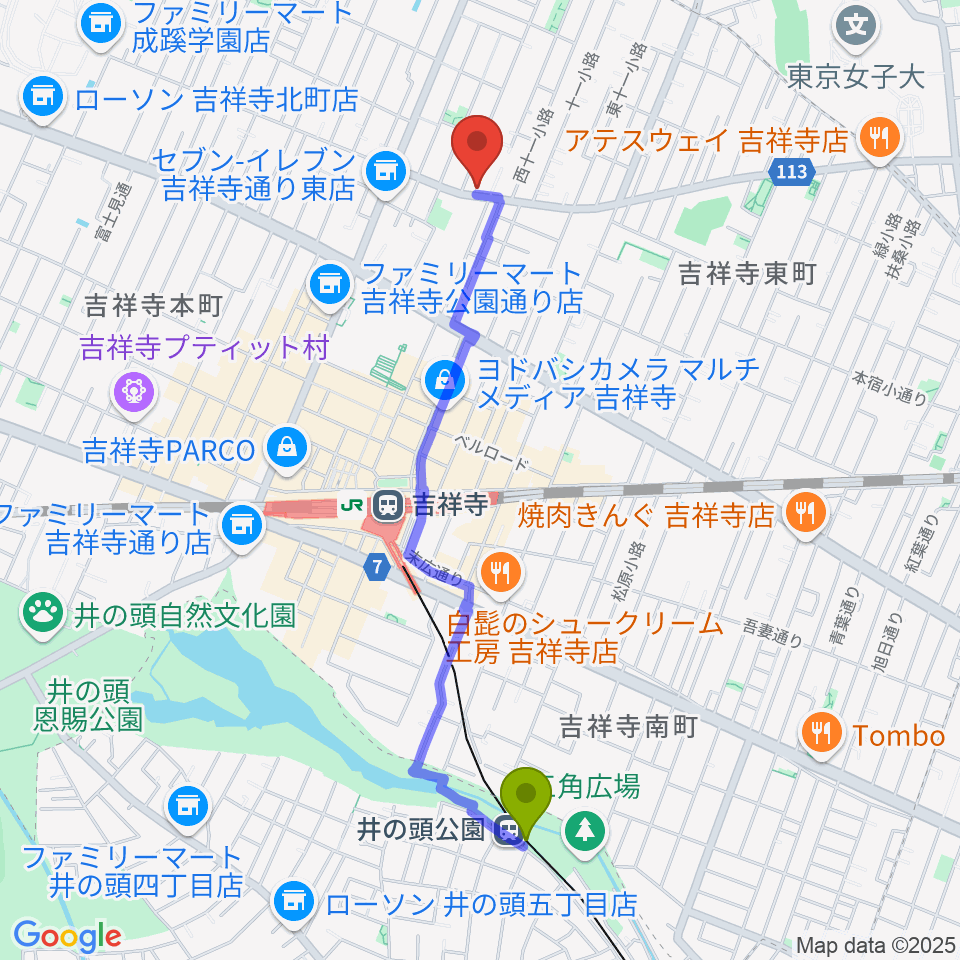 井の頭公園駅からスズキ・メソード吉祥寺センターへのルートマップ地図