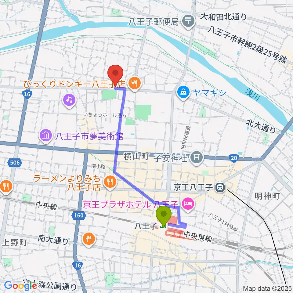 春日豊芝洲の小唄三味線教室の最寄駅八王子駅からの徒歩ルート（約16分）地図