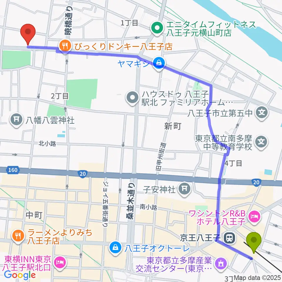 京王八王子駅から春日豊芝洲の小唄三味線教室へのルートマップ地図