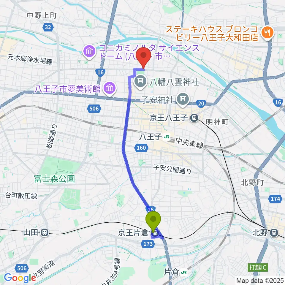 京王片倉駅から春日豊芝洲の小唄三味線教室へのルートマップ地図