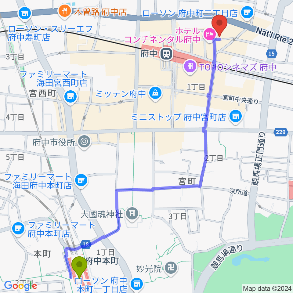 府中本町駅から東京府中ギター教室へのルートマップ地図