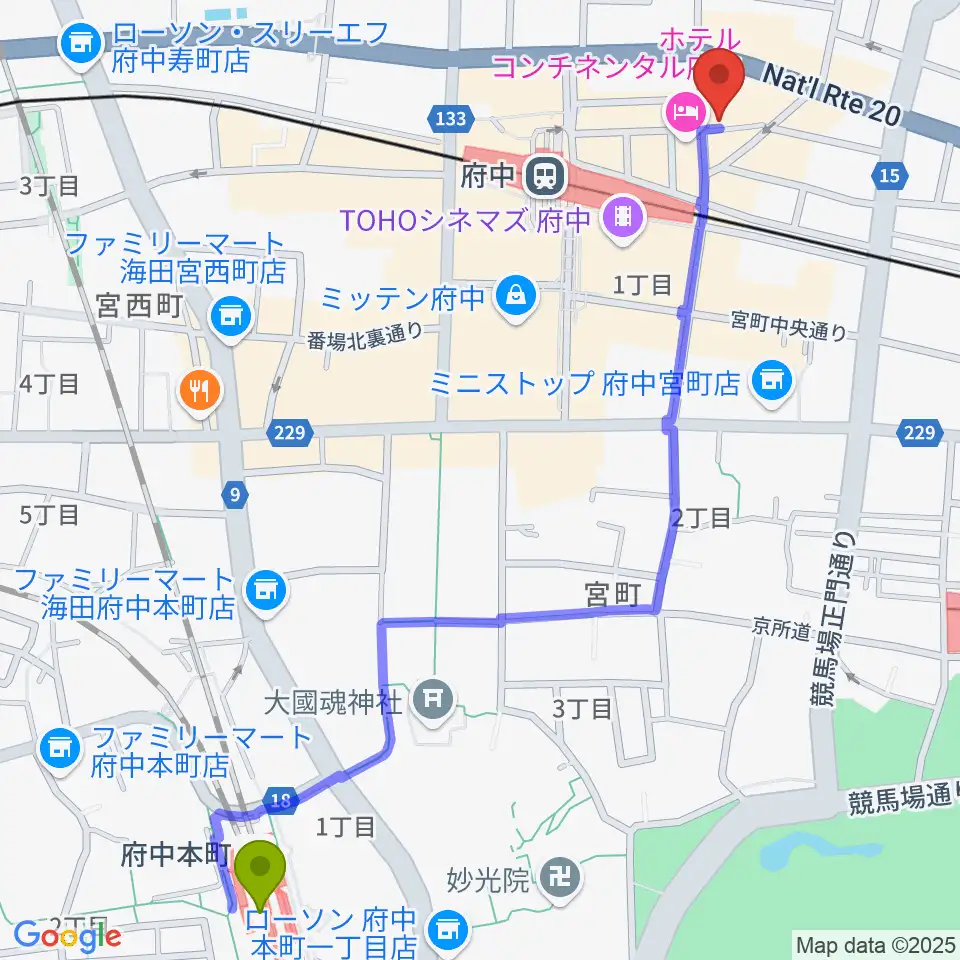 府中本町駅から東京府中ギター教室へのルートマップ地図