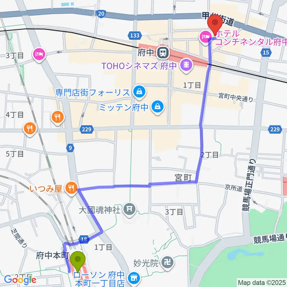 府中本町駅から東京府中ギター教室へのルートマップ地図