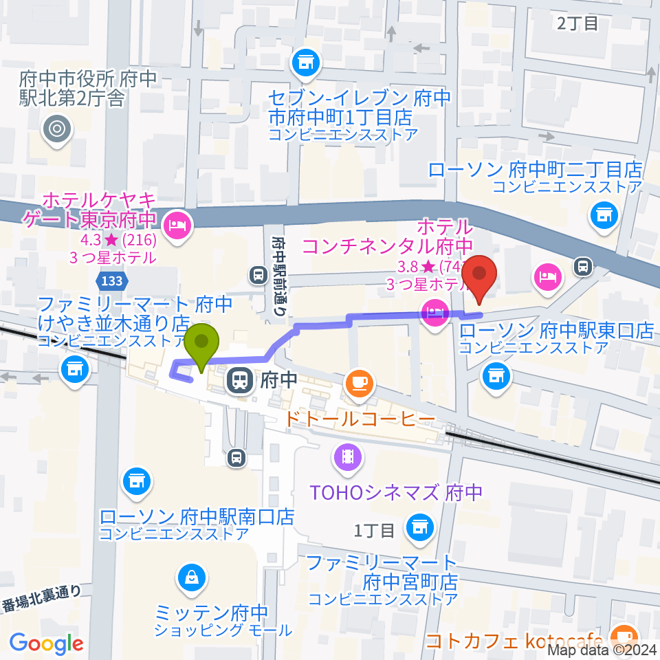 東京府中ギター教室の最寄駅府中駅からの徒歩ルート（約3分）地図