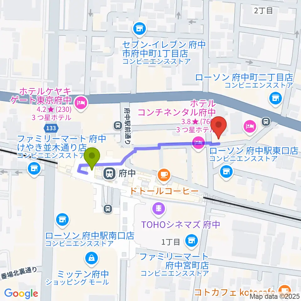 東京府中ギター教室の最寄駅府中駅からの徒歩ルート（約3分）地図