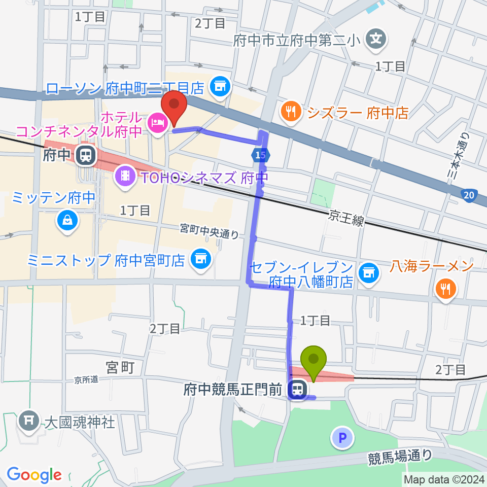 府中競馬正門前駅から東京府中ギター教室へのルートマップ地図