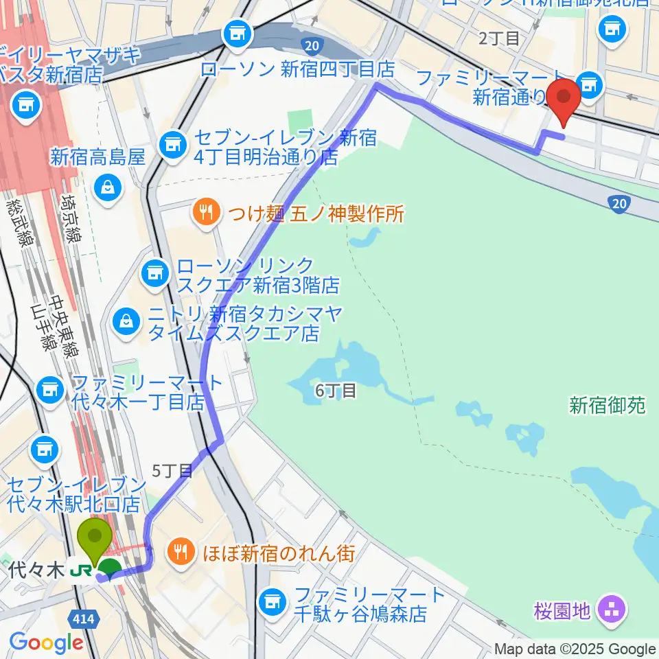 代々木駅からアーツミュージックスクールへのルートマップ地図