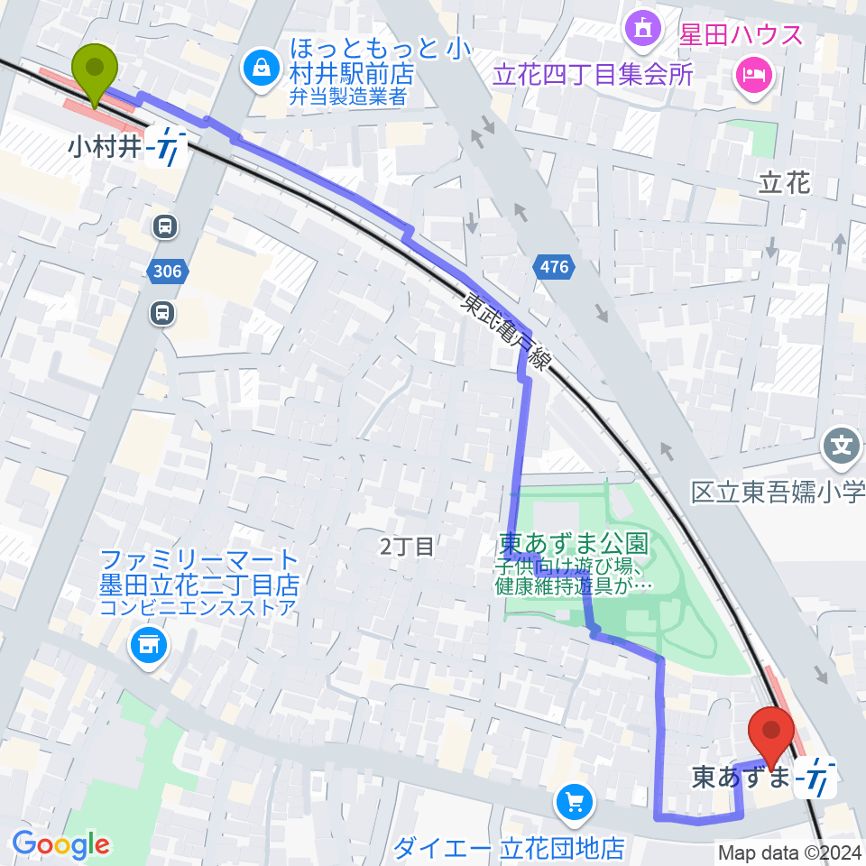 小村井駅から日本二胡学院へのルートマップ地図