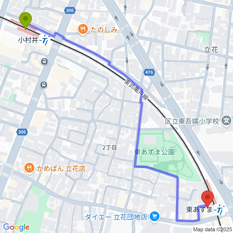 小村井駅から日本二胡学院へのルートマップ地図