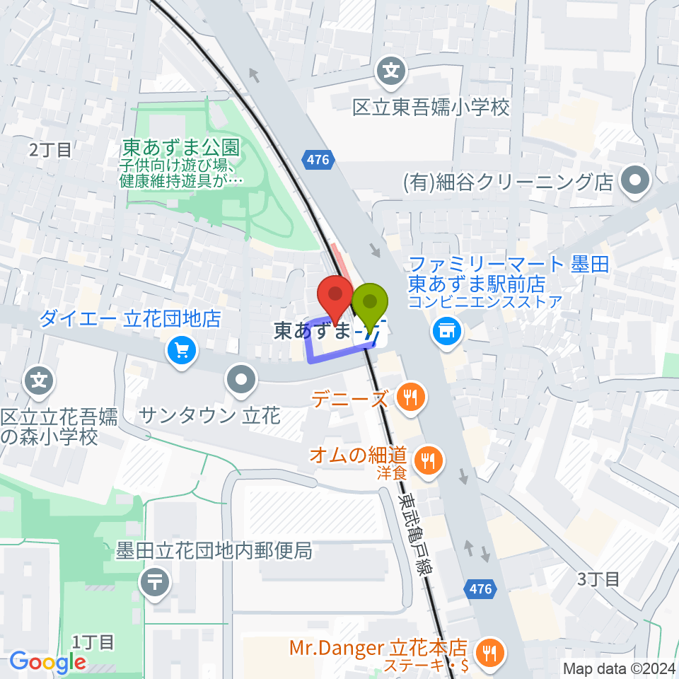 日本二胡学院の最寄駅東あずま駅からの徒歩ルート（約0分）地図