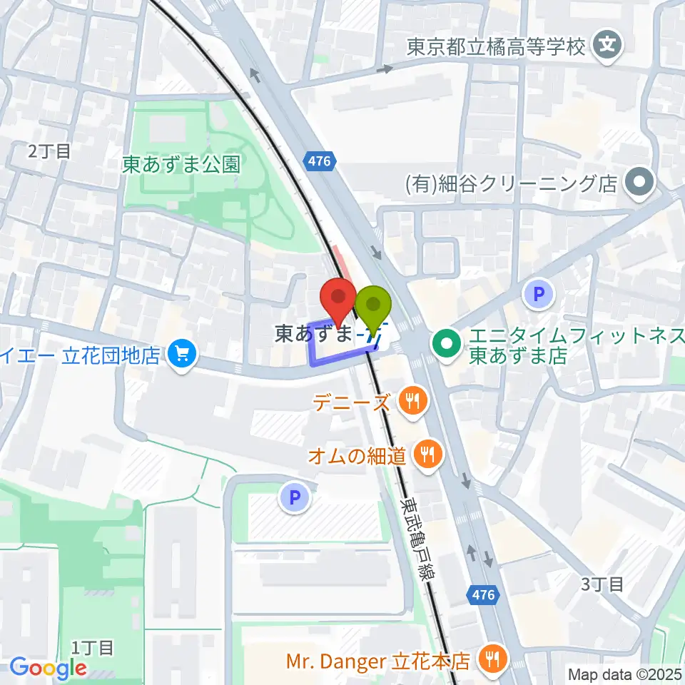 日本二胡学院の最寄駅東あずま駅からの徒歩ルート（約0分）地図