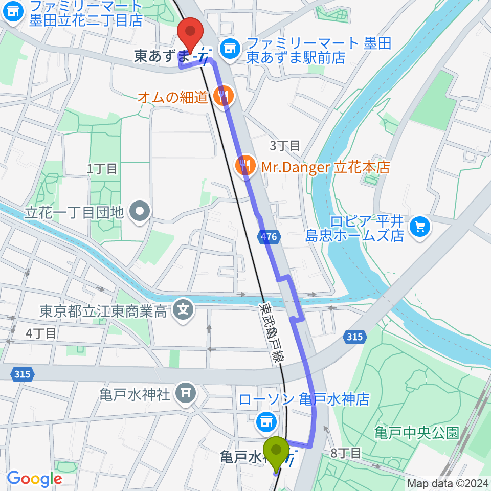 亀戸水神駅から日本二胡学院へのルートマップ地図