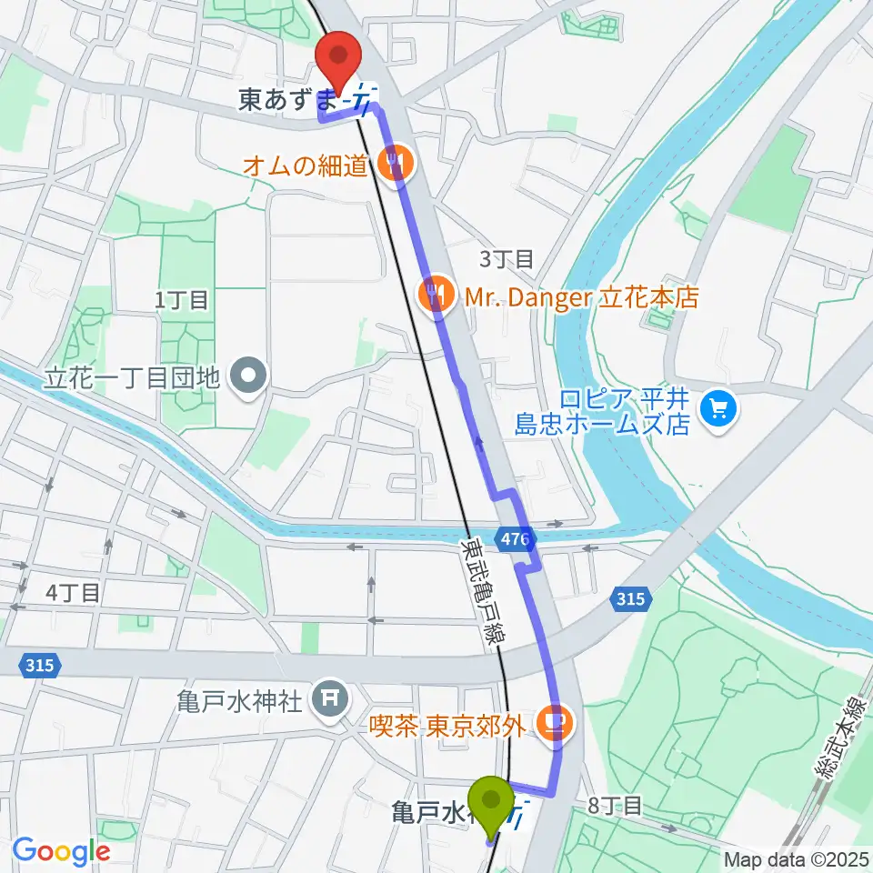 亀戸水神駅から日本二胡学院へのルートマップ地図