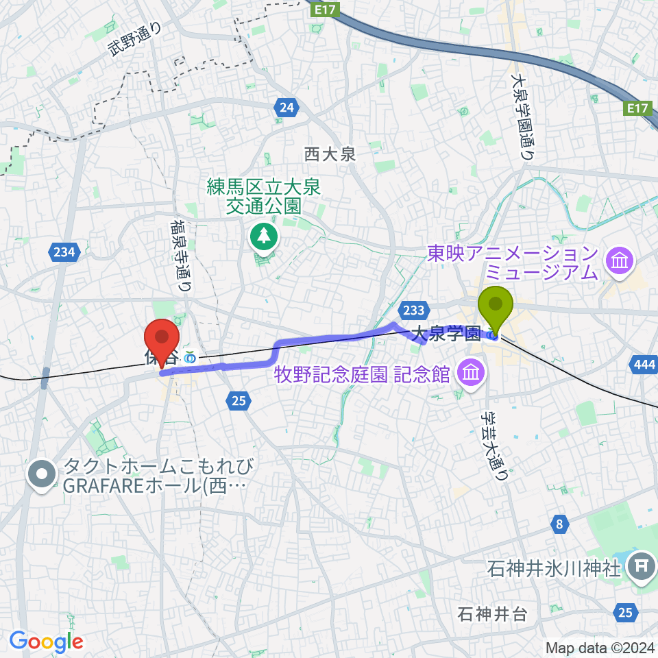 大泉学園駅からサウンドオフィス・コアへのルートマップ地図