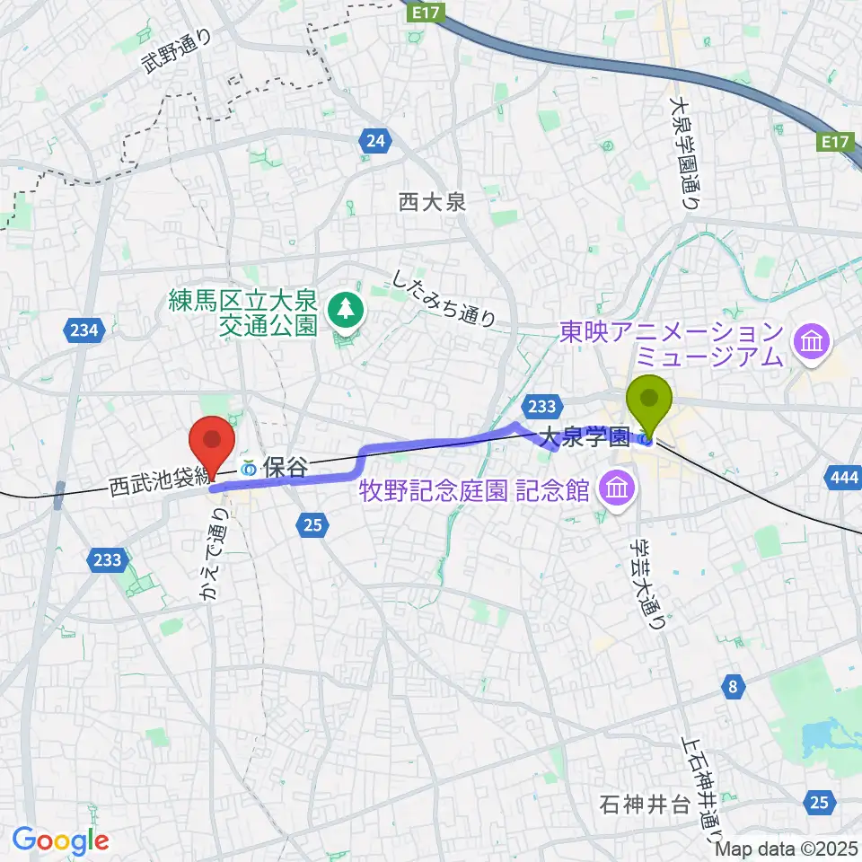 大泉学園駅からサウンドオフィス・コアへのルートマップ地図