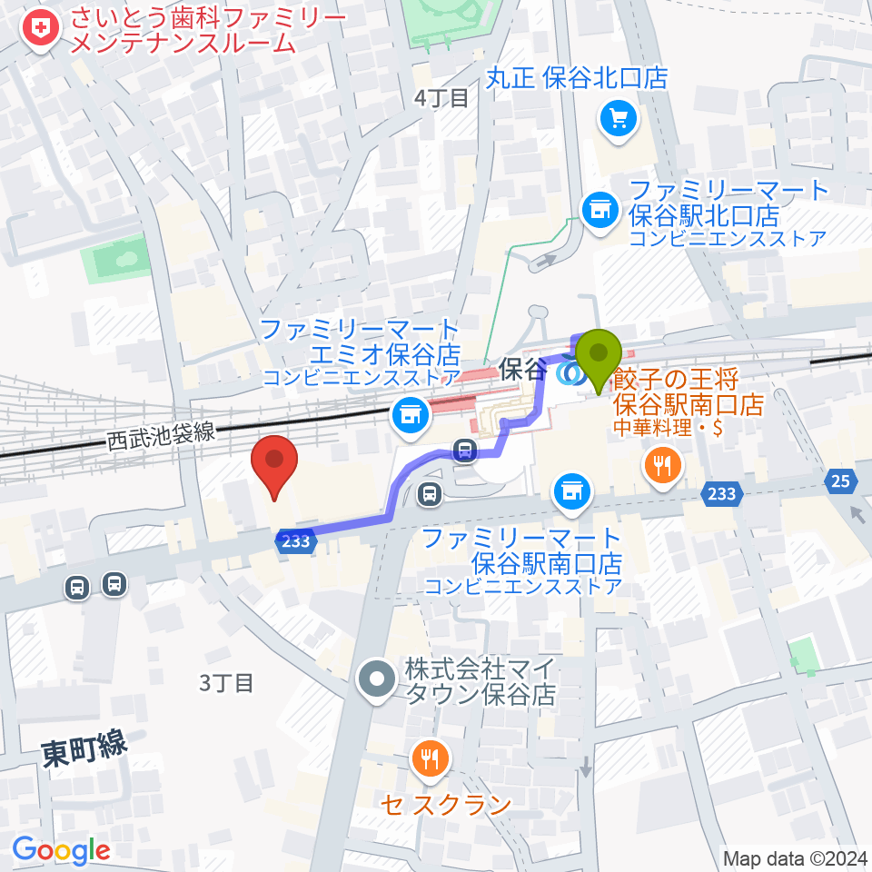 サウンドオフィス・コアの最寄駅保谷駅からの徒歩ルート（約3分）地図