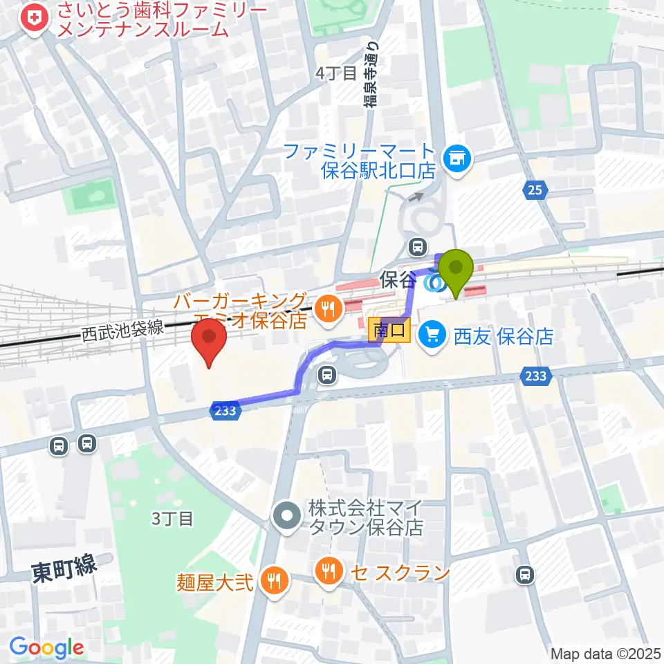 サウンドオフィス・コアの最寄駅保谷駅からの徒歩ルート（約3分）地図