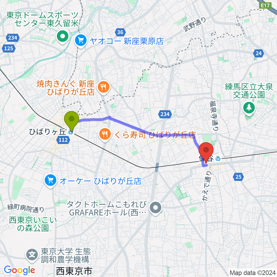 ひばりヶ丘駅からサウンドオフィス・コアへのルートマップ地図