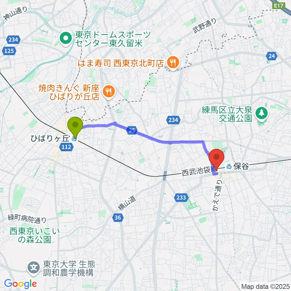 ひばりヶ丘駅からサウンドオフィス・コアへのルートマップ地図