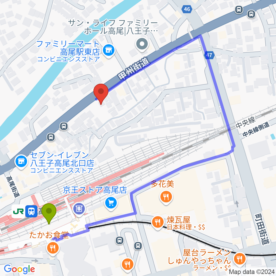 高尾みどり館 音楽教室の最寄駅高尾駅からの徒歩ルート（約4分）地図