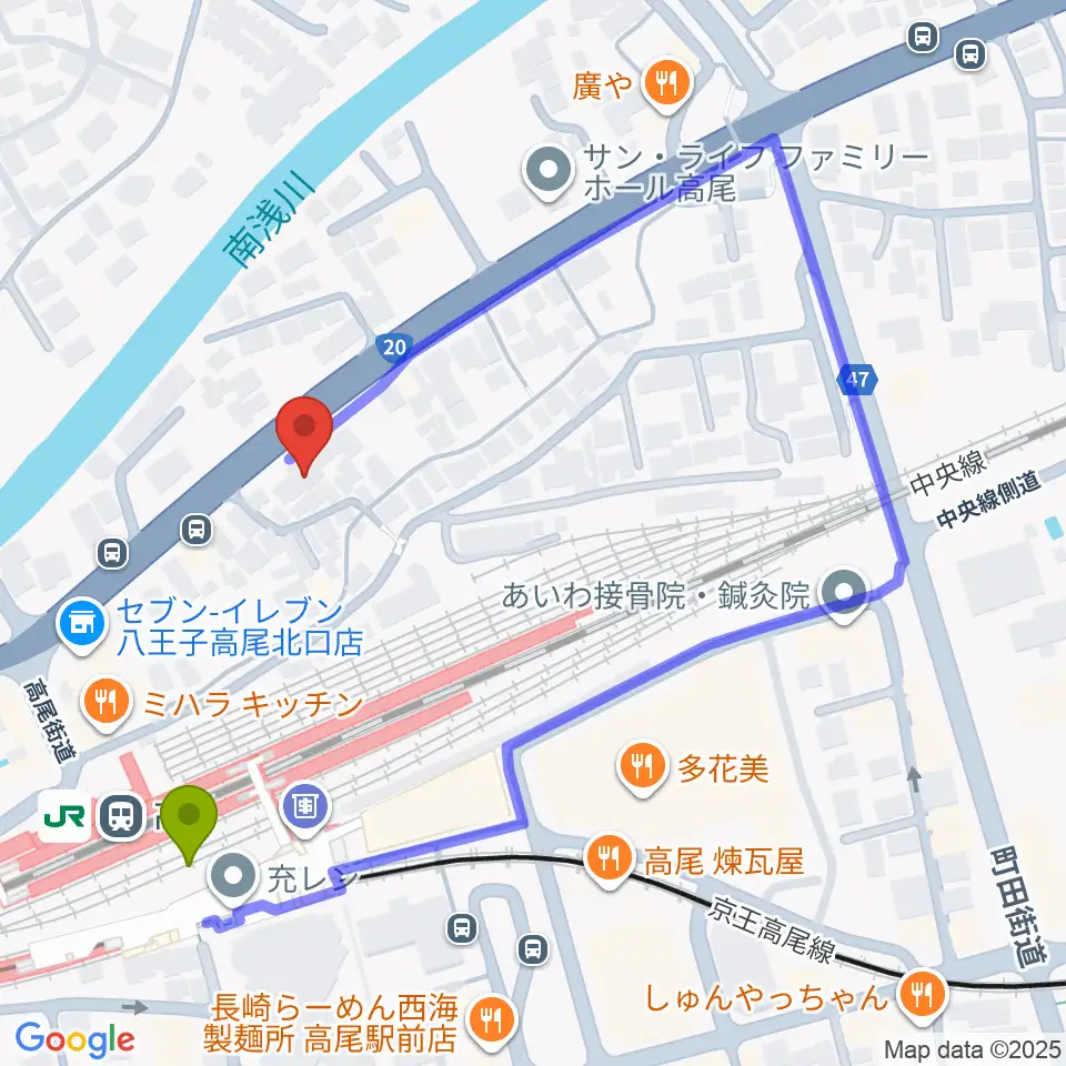 高尾みどり館 音楽教室の最寄駅高尾駅からの徒歩ルート（約3分）地図