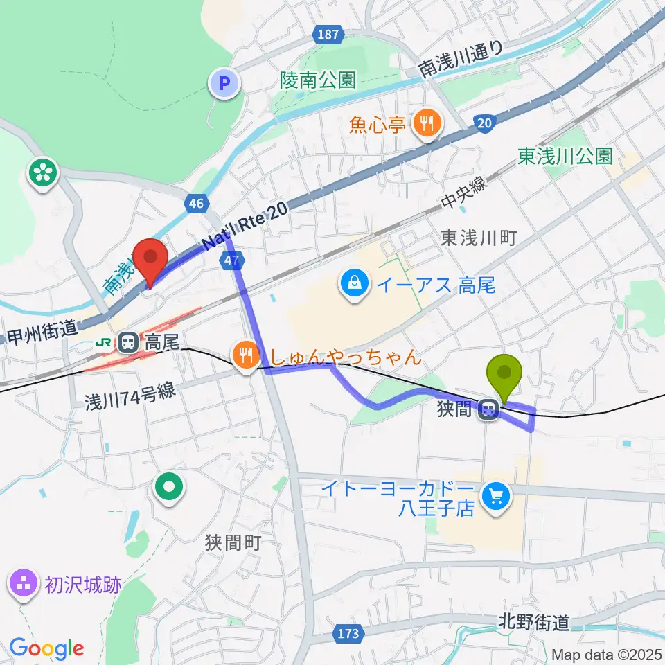 狭間駅から高尾みどり館 音楽教室へのルートマップ地図