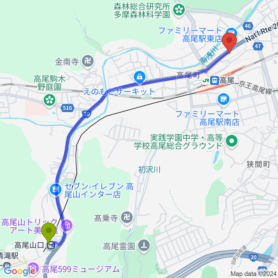 高尾山口駅から高尾みどり館 音楽教室へのルートマップ地図