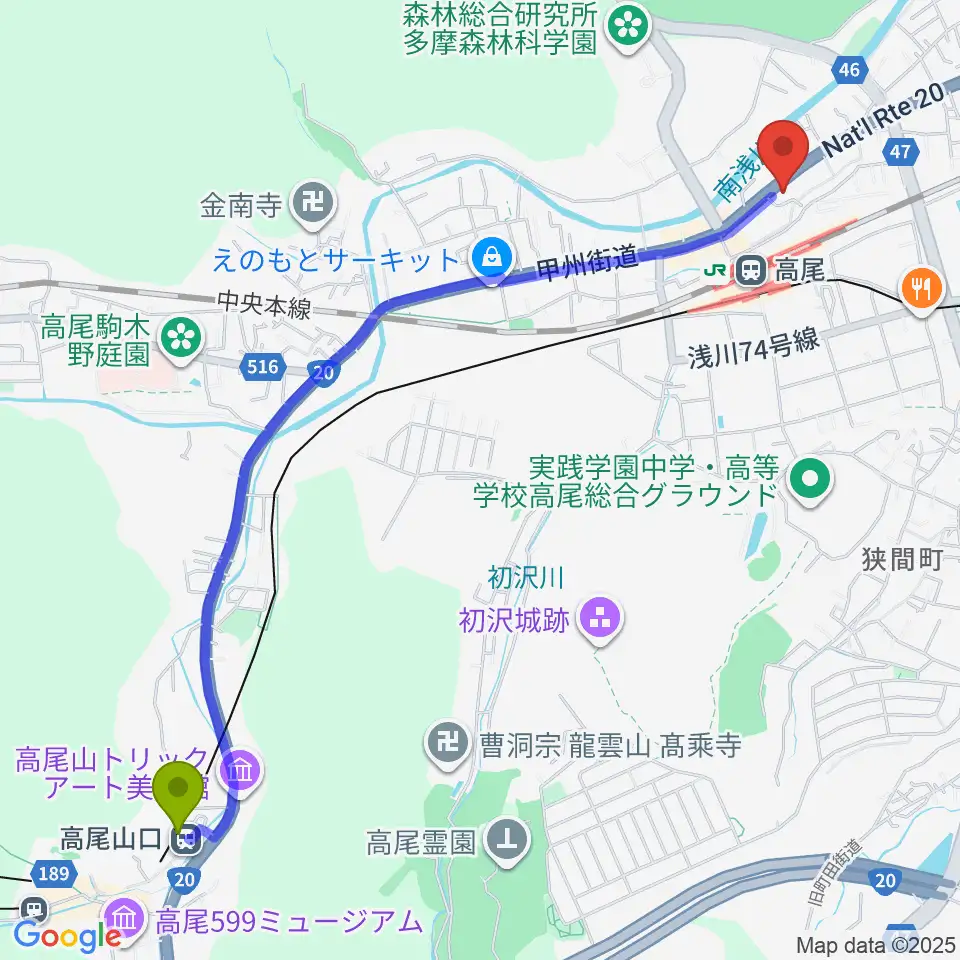 高尾山口駅から高尾みどり館 音楽教室へのルートマップ地図