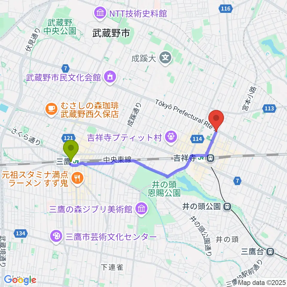 三鷹駅から丸石楽器店へのルートマップ地図