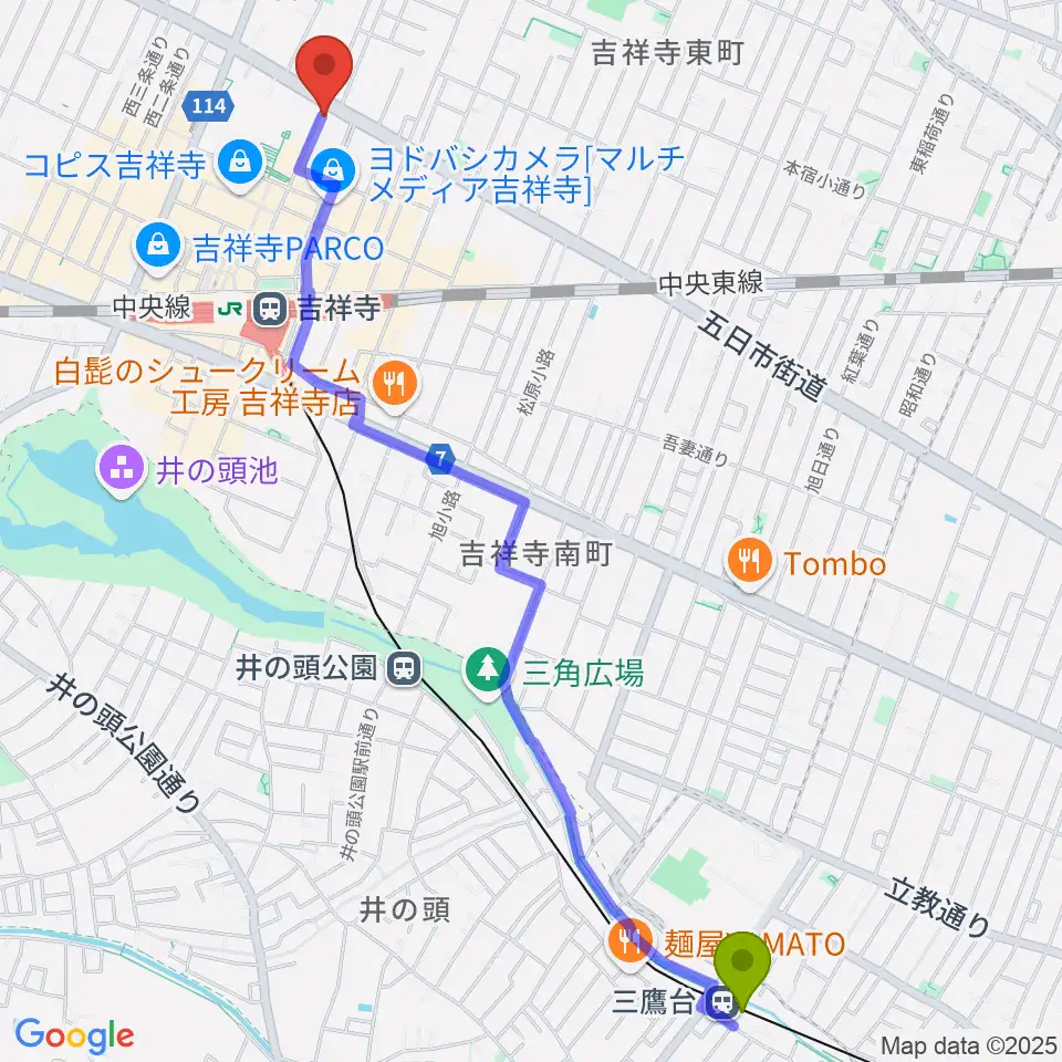 三鷹台駅から丸石楽器店へのルートマップ地図