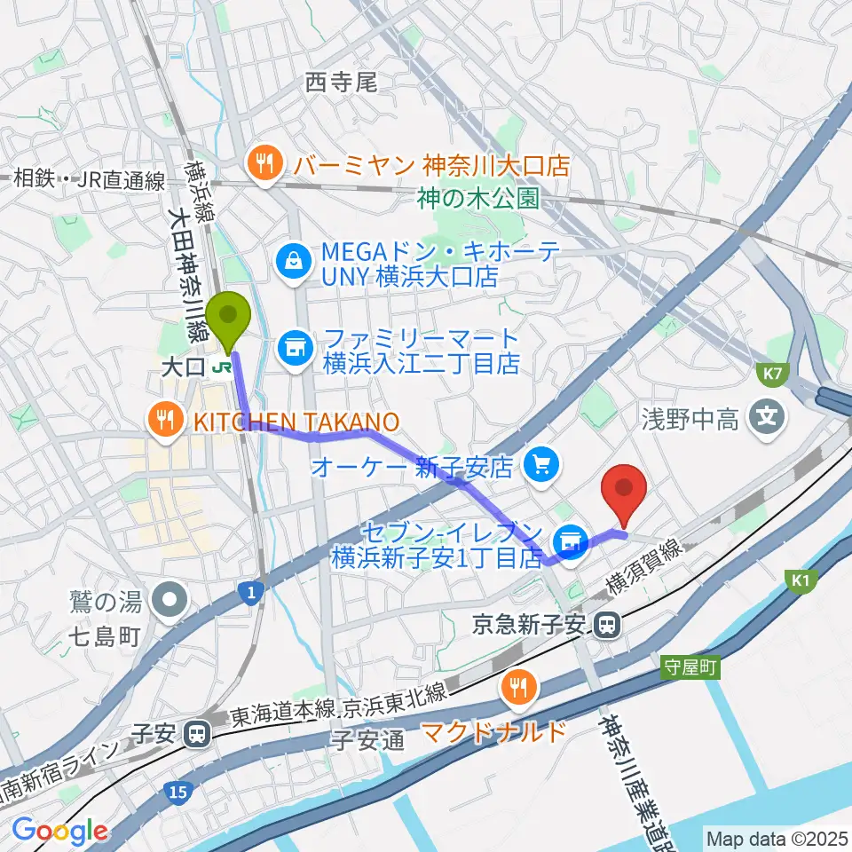 大口駅からYuki音楽教室へのルートマップ地図