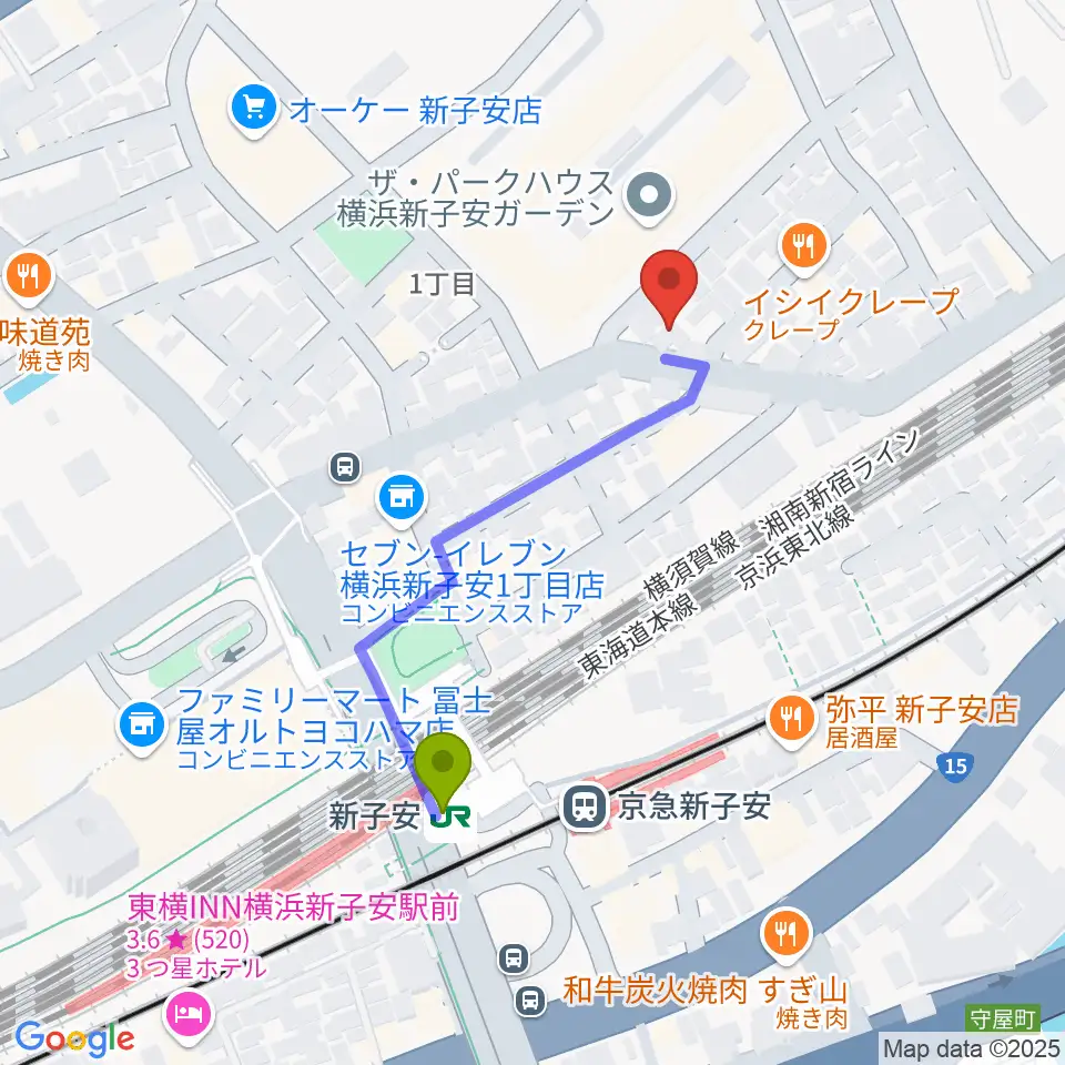 Yuki音楽教室の最寄駅新子安駅からの徒歩ルート（約4分）地図