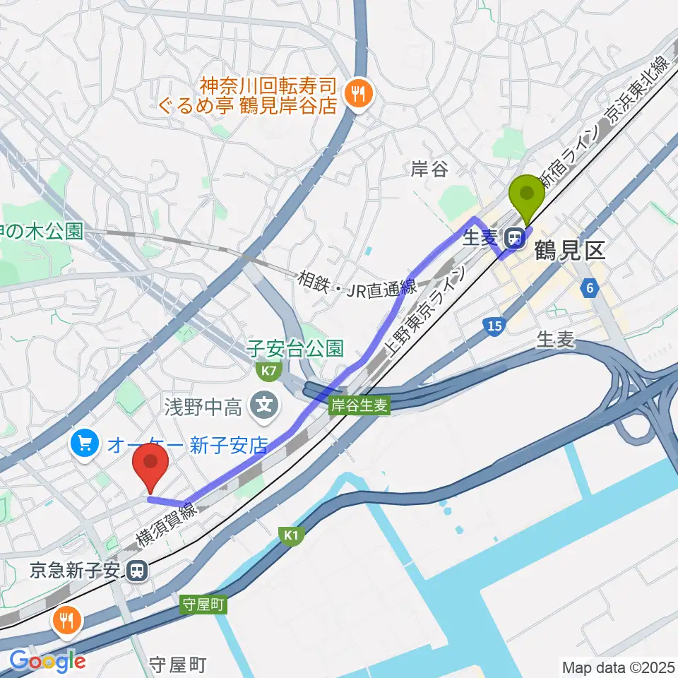 生麦駅からYuki音楽教室へのルートマップ地図