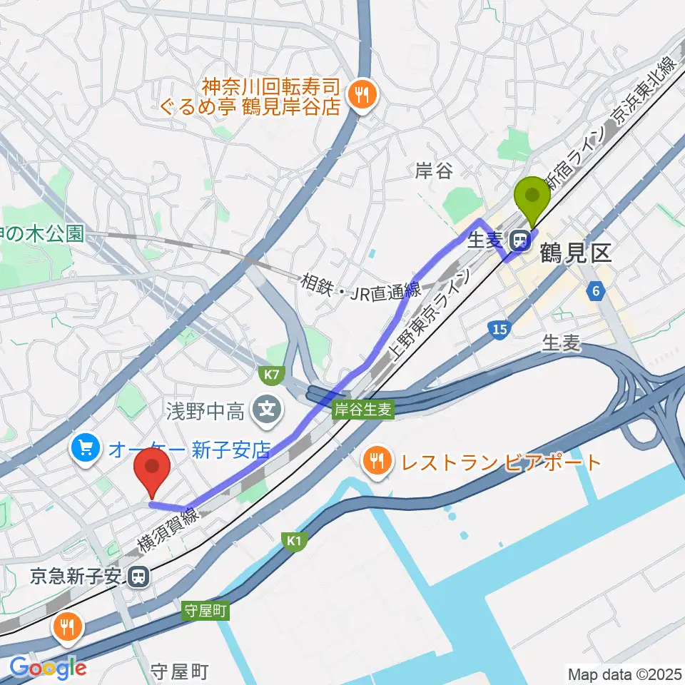 生麦駅からYuki音楽教室へのルートマップ地図