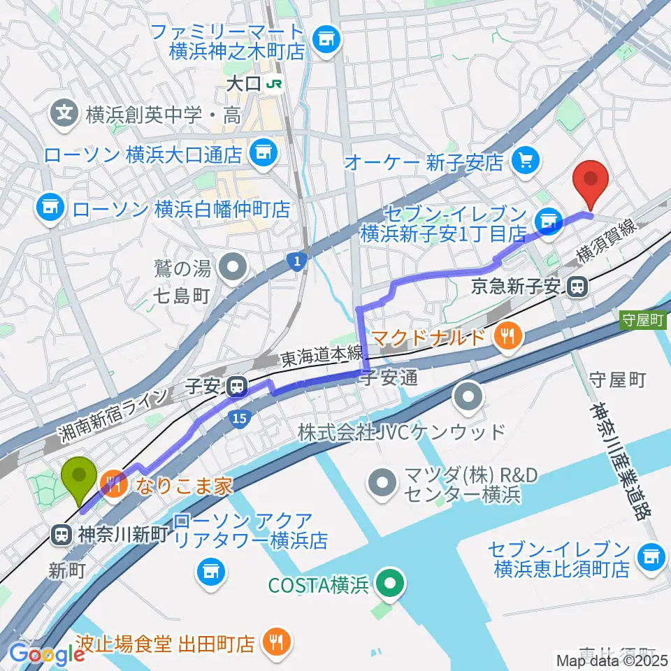 神奈川新町駅からYuki音楽教室へのルートマップ地図