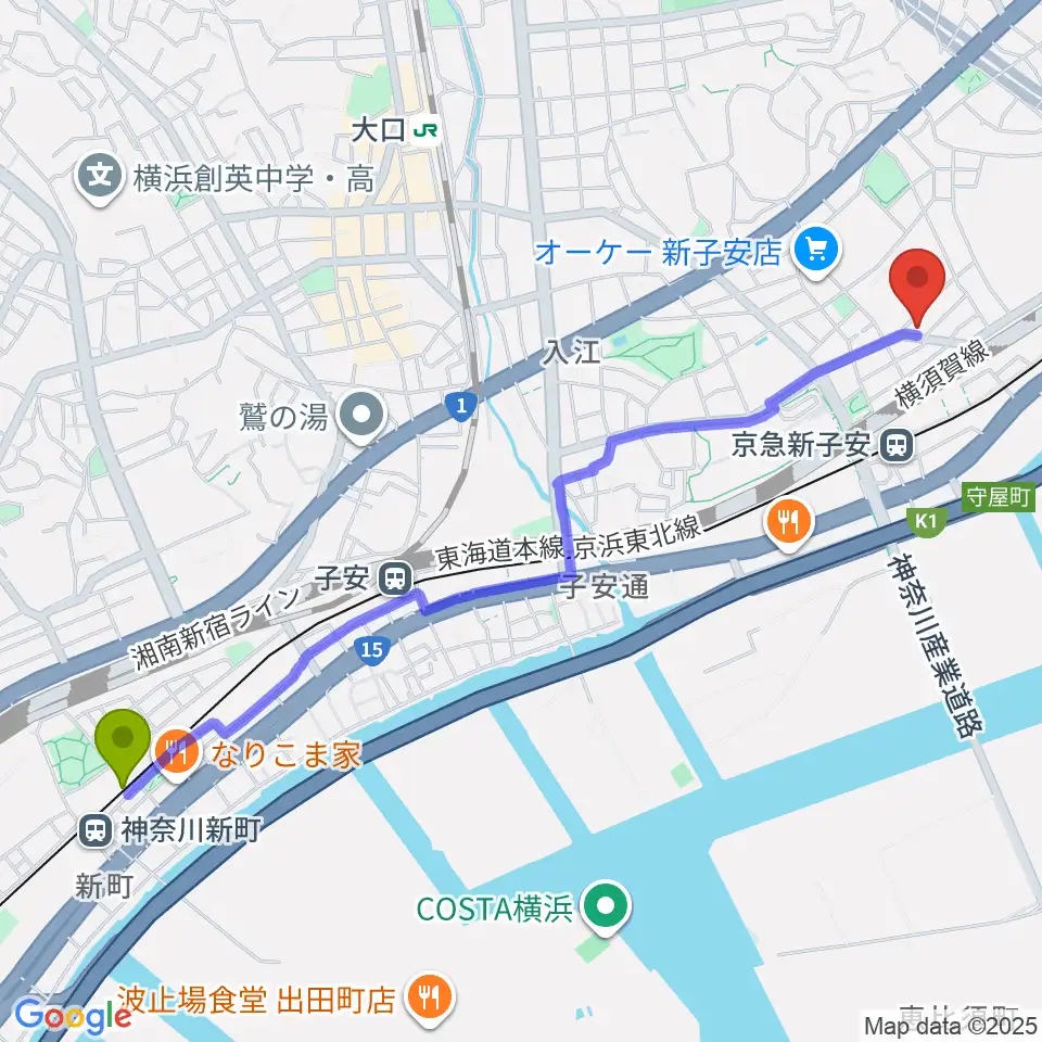 神奈川新町駅からYuki音楽教室へのルートマップ地図
