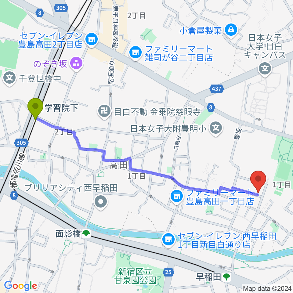 学習院下駅から目白台 越智音楽教室へのルートマップ地図