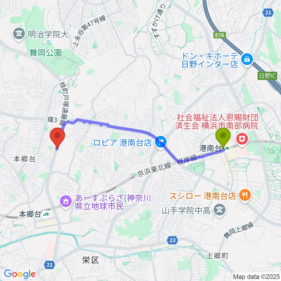 港南台駅からAtelier Kへのルートマップ地図