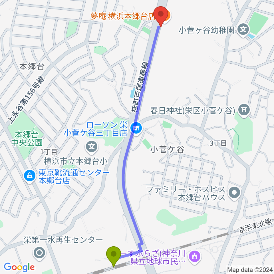 Atelier K（アトリエK）の最寄駅本郷台駅からの徒歩ルート（約14分）地図