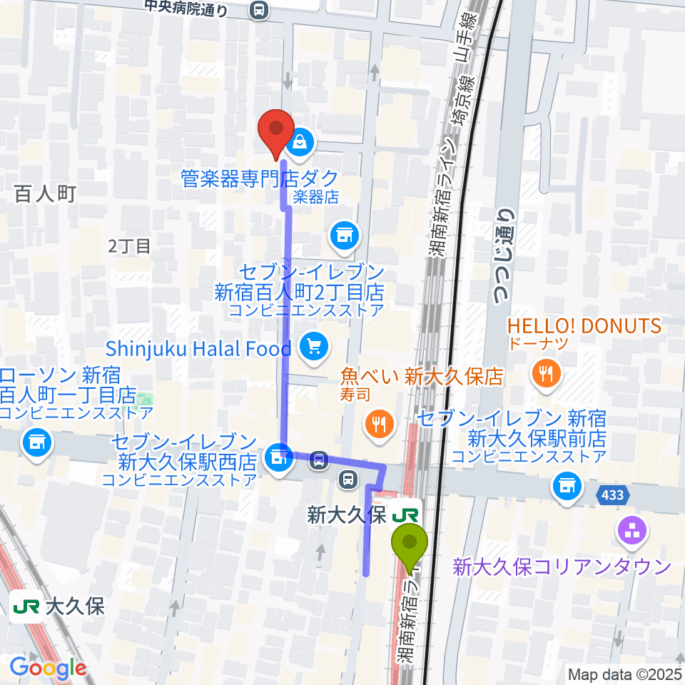 ダ・カーポの最寄駅新大久保駅からの徒歩ルート（約5分）地図