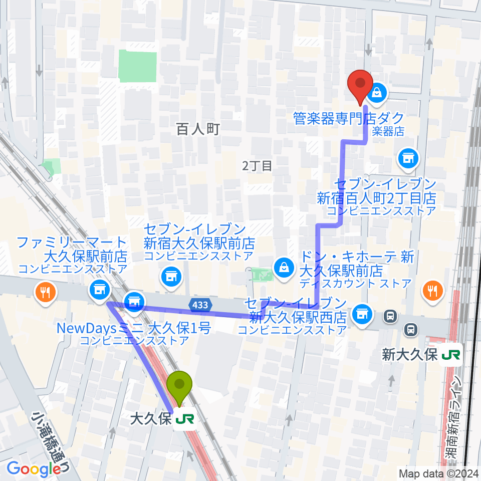 大久保駅からダ・カーポへのルートマップ地図