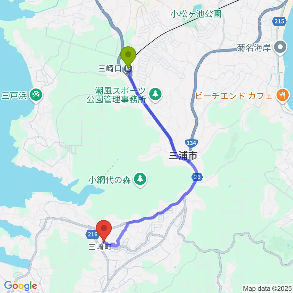 ぴよよ楽器の最寄駅三崎口駅からの徒歩ルート（約37分）地図
